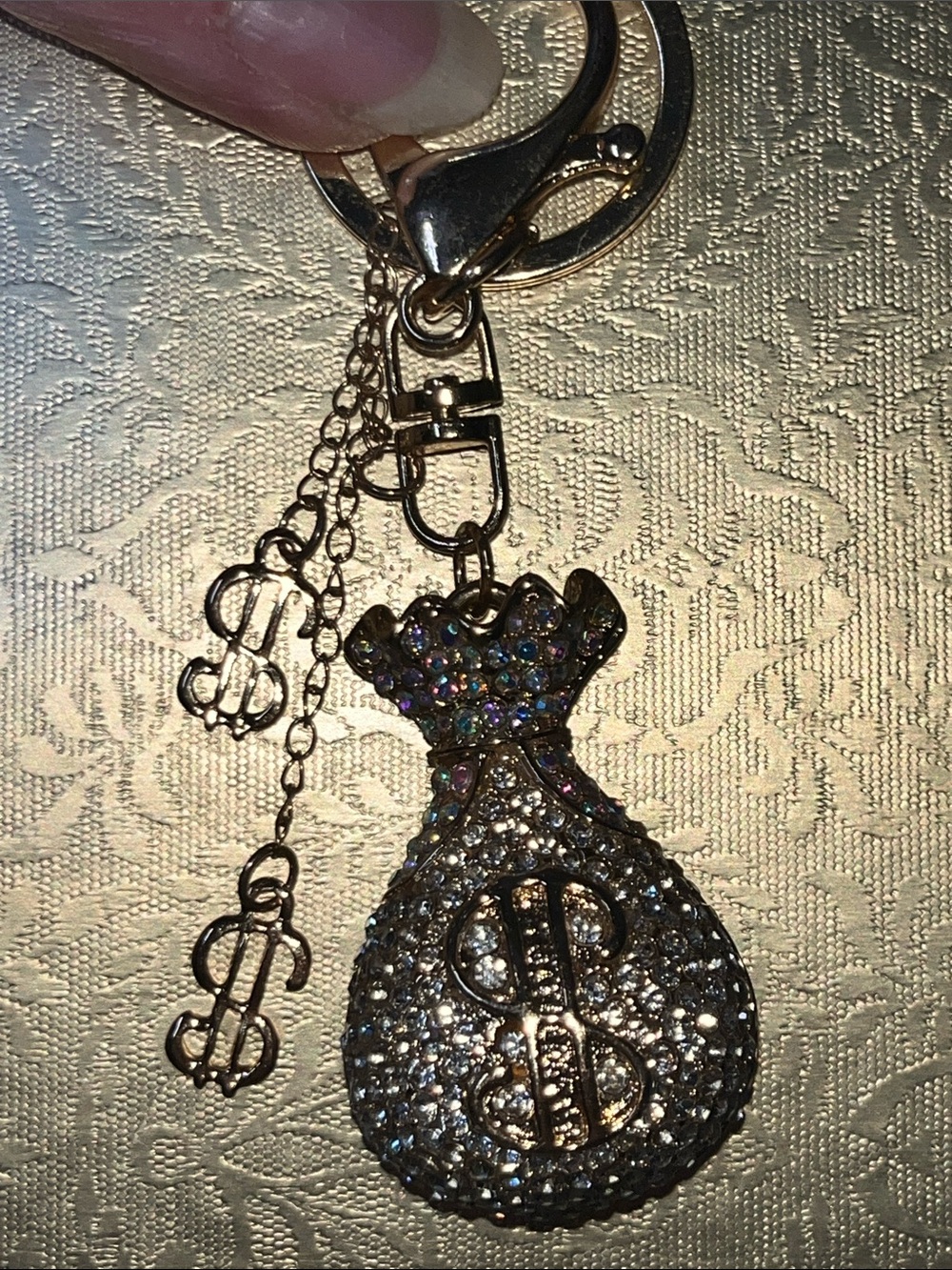 Gold-Tone Crystal Money Bag Keychain with Dollar Sign Charm